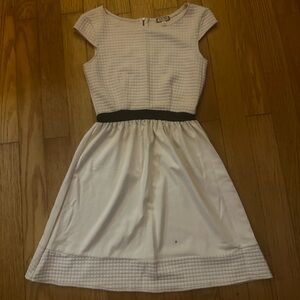 White Textured Cap Sleeve Dress with Gray Belt